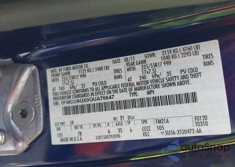 2016 Ford Escape Se z USA, uszkodzony, nr VIN 1FMCU9GX0GUA76647